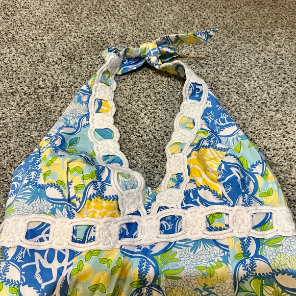 LILLY PULITZER 4 S Blue Yellow Floral Halter Macrame Detail Dress R $198 - Picture 8 of 11